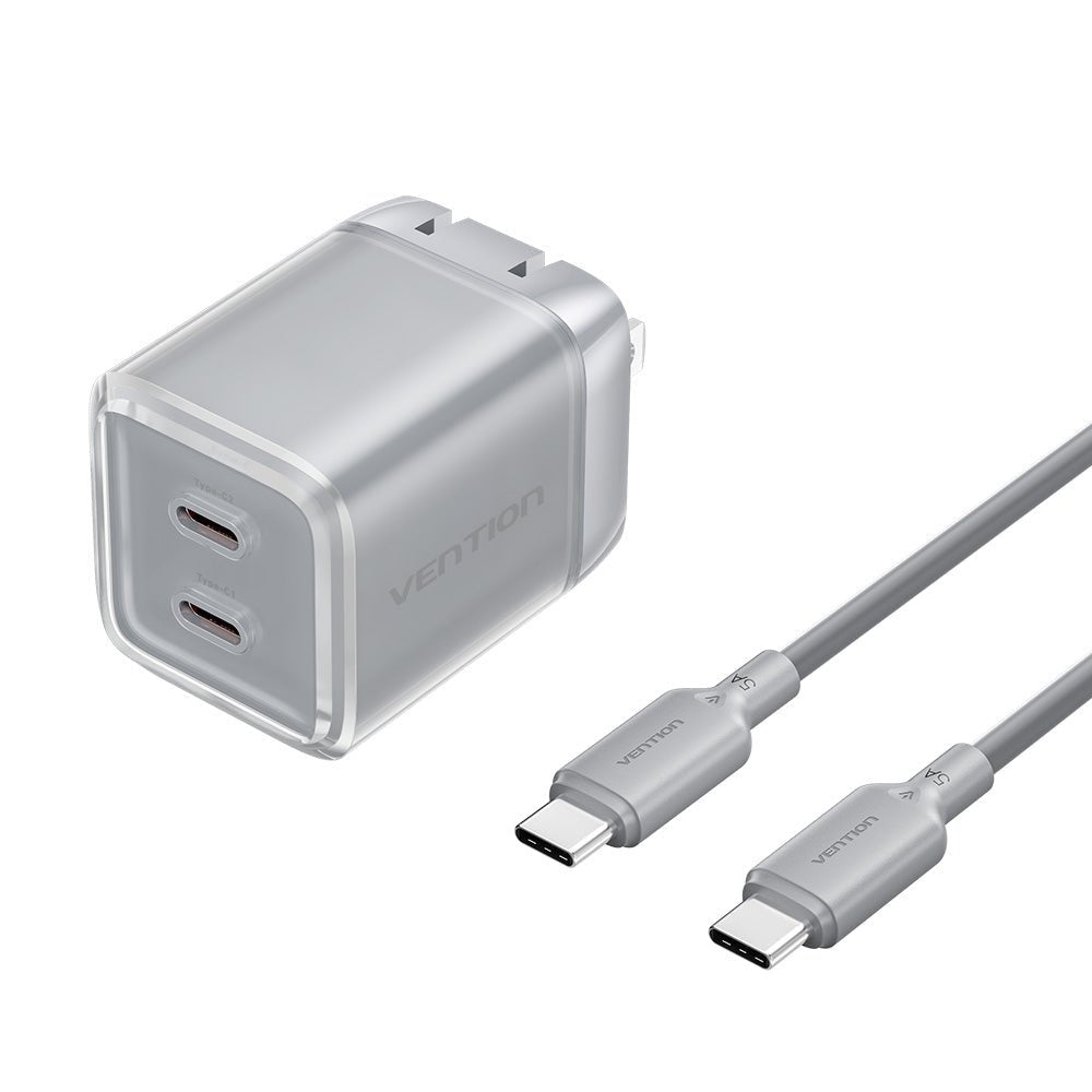 Vention 2-Port USB (C + C) GaN Charger (45W/45W) with 5A USB-C to USB-C Cable US-Plug Gray - Vention