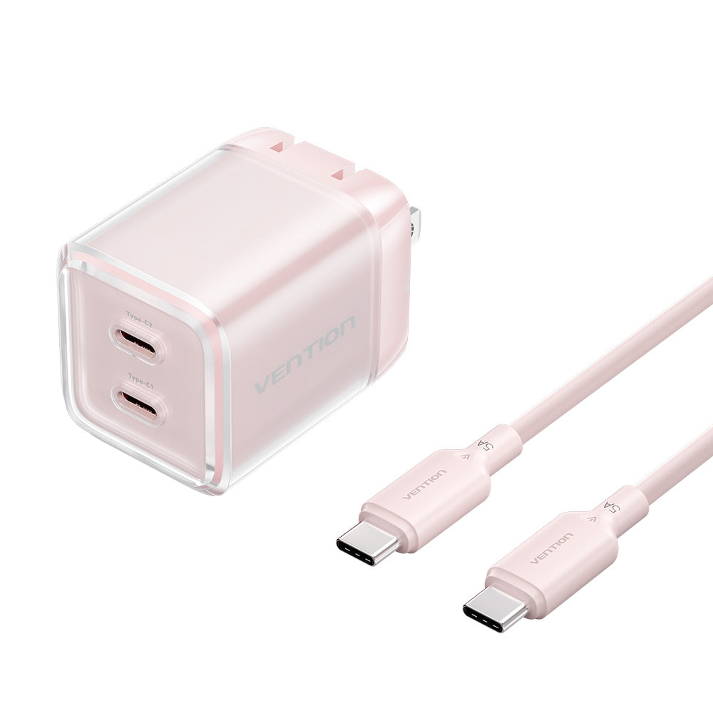 Vention 2-Port USB (C + C) GaN Charger (45W/45W) with 5A USB-C to USB-C Cable US-Plug Gray