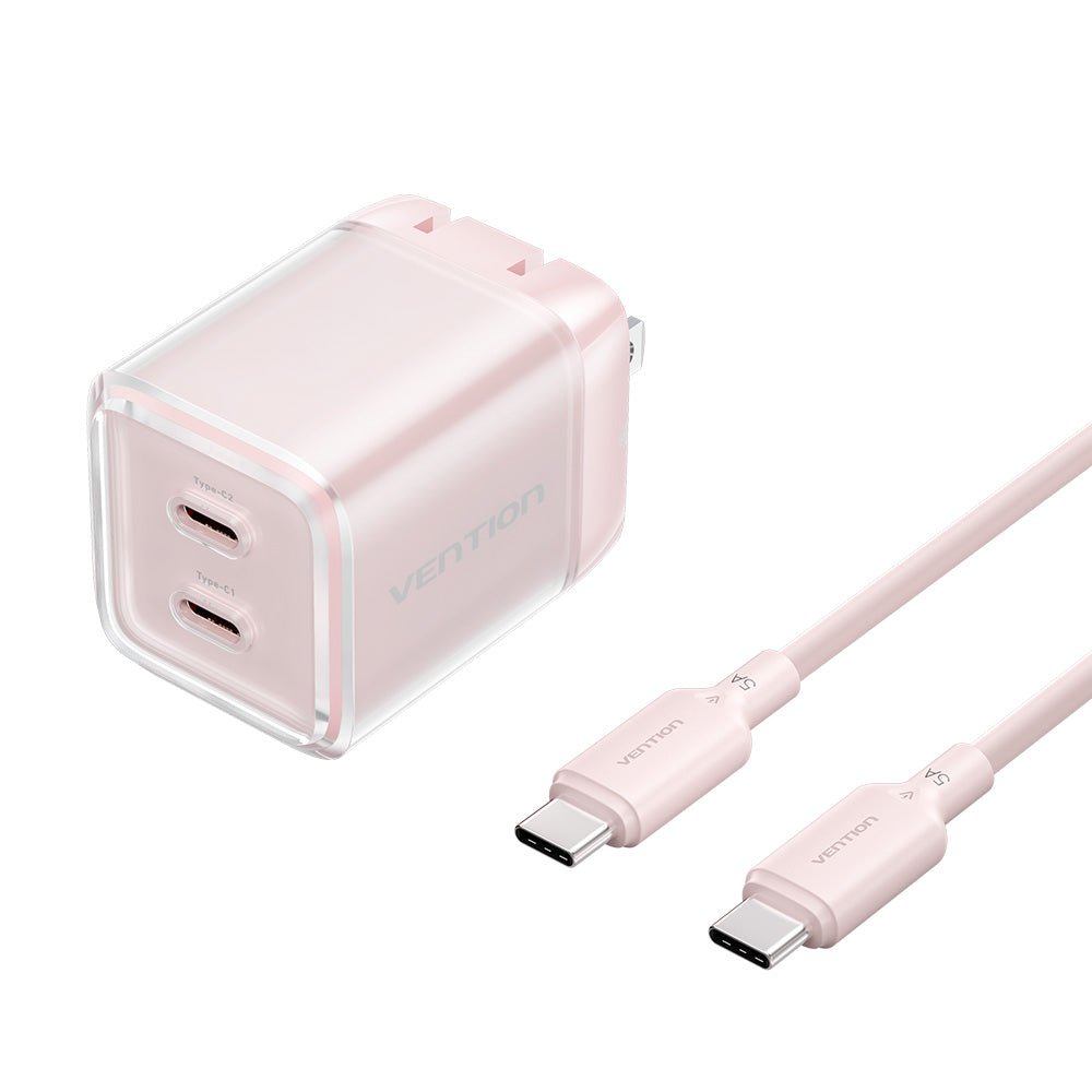 Vention 2-Port USB (C + C) GaN Charger (45W/45W) with 5A USB-C to USB-C Cable US-Plug Gray - Vention