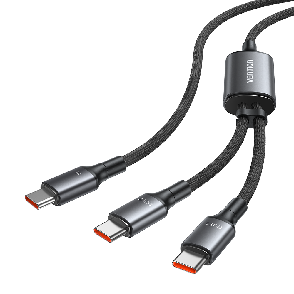 Vention USB 2.0 Tip-C Erkek - 2 Tip-C Erkek 5A Kablo Siyah Alüminyum Alaşımlı Tip