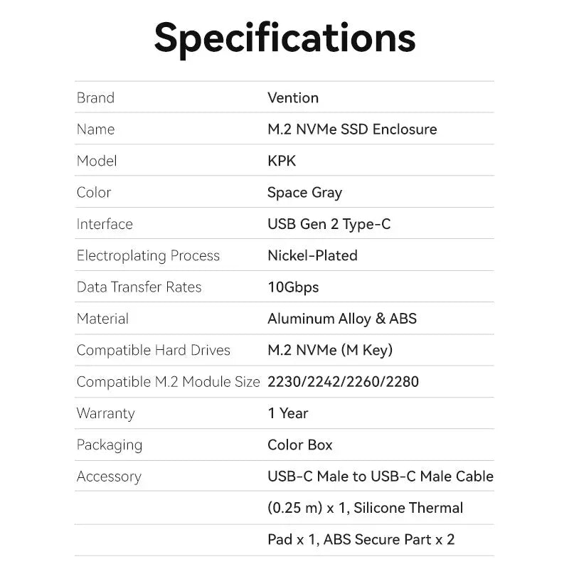 Vention M.2 NVMe SSD Enclosure (USB 3.1 Gen 2-C) with Heat Sink Gray Aluminum Alloy Type - Vention