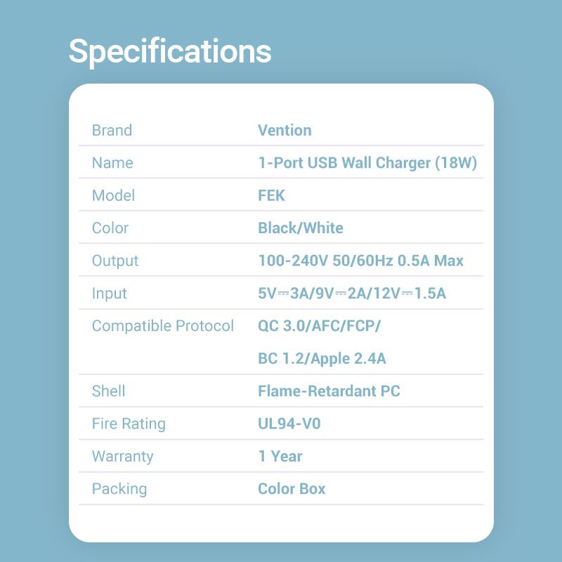 <tc>Vention</tc> Chargeur mural USB 1 port (18 W) Prise UE Noir