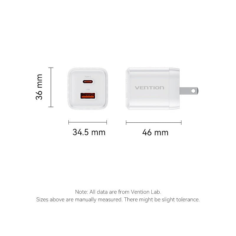 Vention 2-Port USB (C + A) GaN Charger (30W/30W) US-Plug - Vention