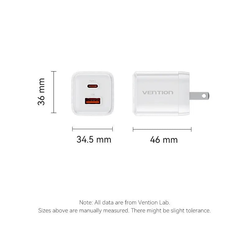 Vention 2-Port USB (C + A) GaN Charger (30W/30W) US-Plug - Vention