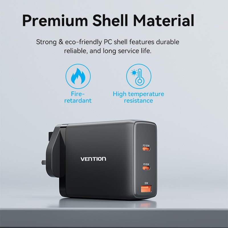 Vention 3-Port USB (C+C+A) GaN Charger (100W/65W/30W) UK-Plug - Vention