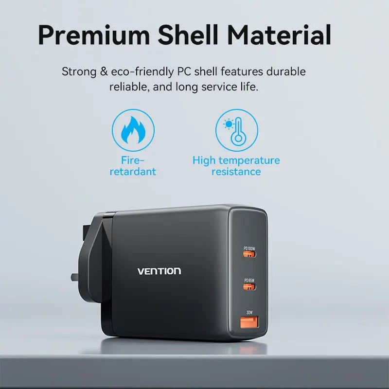 Vention 3-Port USB (C+C+A) GaN Charger (100W/65W/30W) UK-Plug - Vention