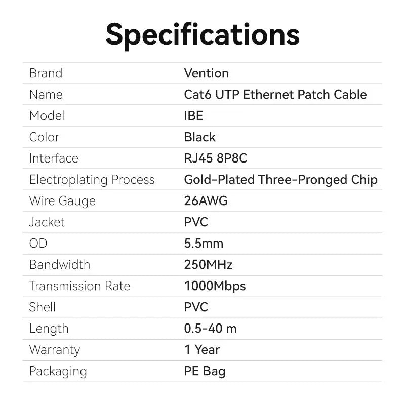 Vention Cat.6 UTP Patch Cable Black - Vention