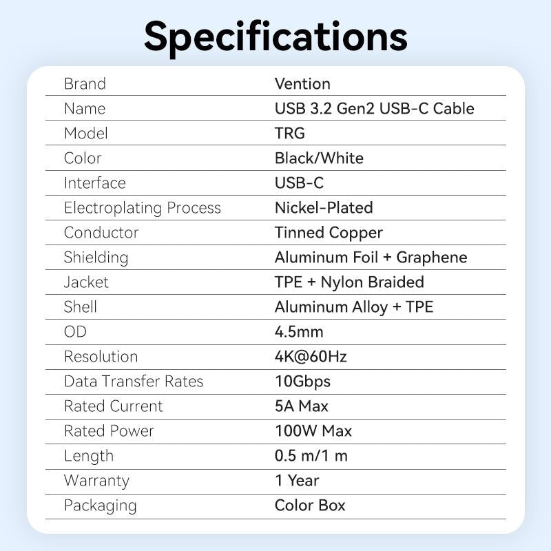Vention USB 3.2 Gen2 C Male to C Male 10Gbps Cable Aluminum Alloy Type - Vention
