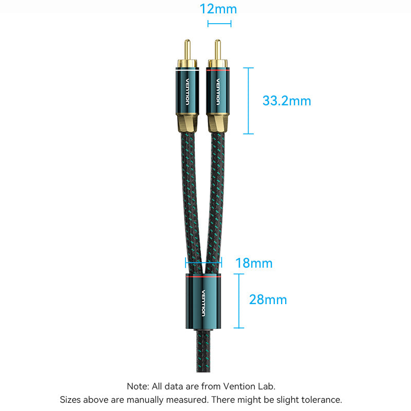 Vention Cotton Braided 2RCA Male to 2RCA Male Audio Cable 0.5/1/1.5/2/3/5/8/10M Green Copper Type