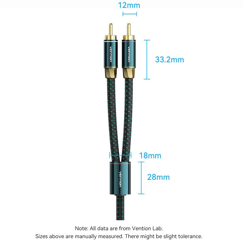 Vention Cotton Braided 2RCA Male to 2RCA Male Audio Cable 0.5/1/1.5/2/3/5/8/10M Green Copper Type - Vention