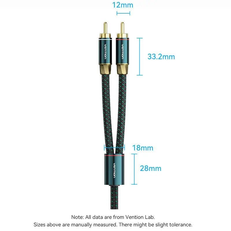 Vention Cotton Braided 2RCA Male to 2RCA Male Audio Cable 0.5/1/1.5/2/3/5/8/10M Green Copper Type - Vention