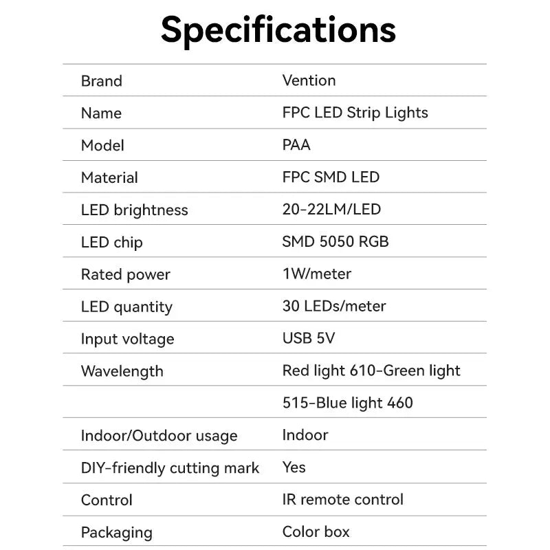 Vention RGB FPC LED Strip Lights with IR Remote and USB 5V Power Supply - Vention