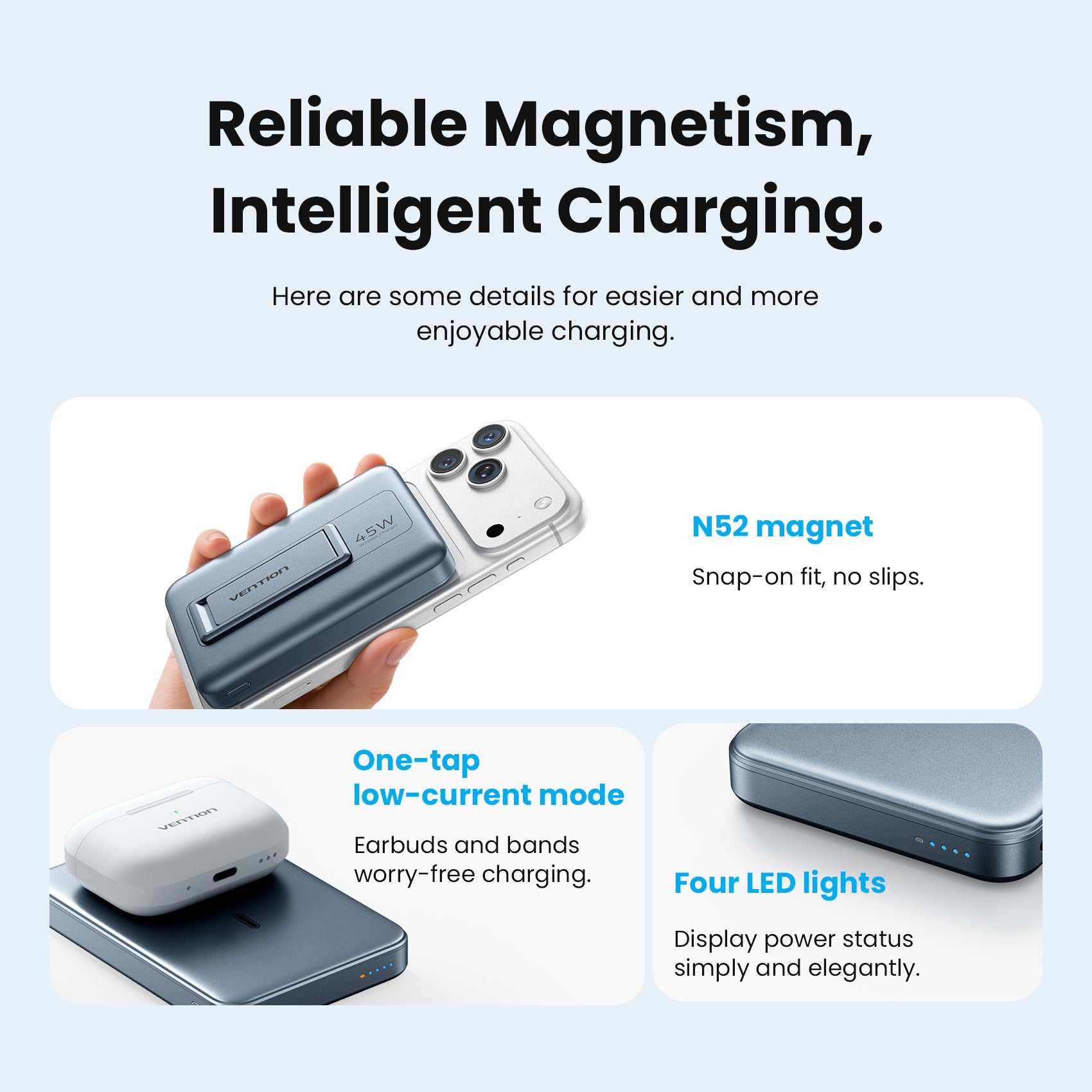 <tc>Vention</tc> Batería externa magnética inalámbrica Qi2.2 de 10000 mAh (USB-C + USB-C/Inalámbrica) de 45 W, color gris.