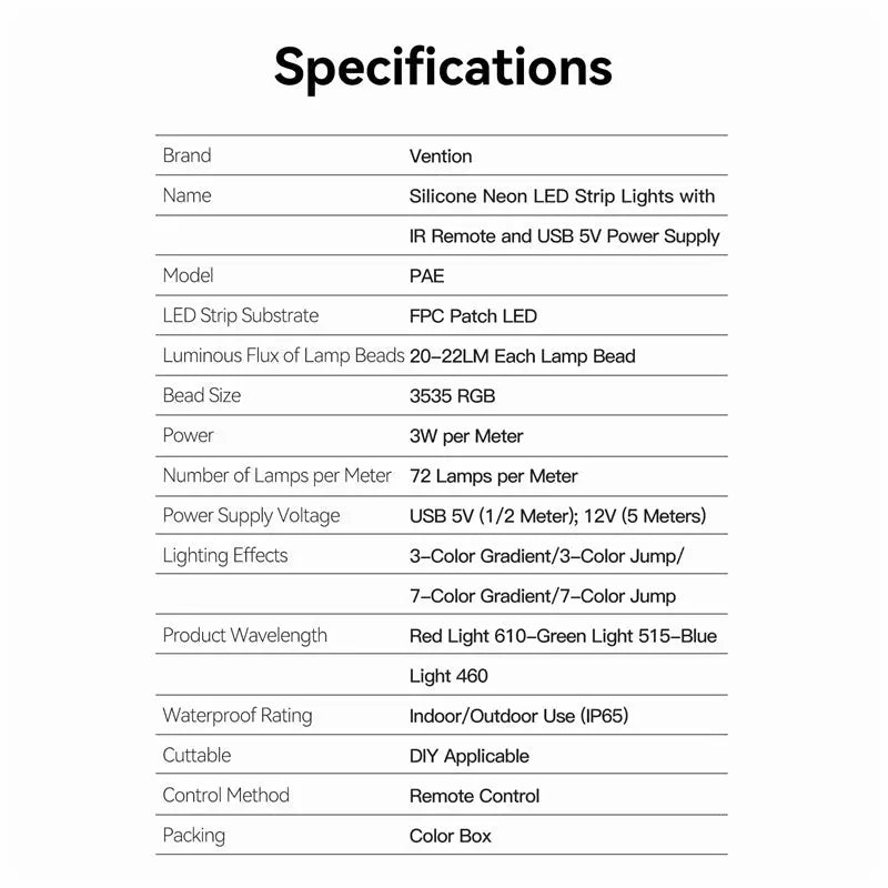 Vention Silicone Neon LED Strip Lights with IR Remote and USB 5V Power Supply - Vention