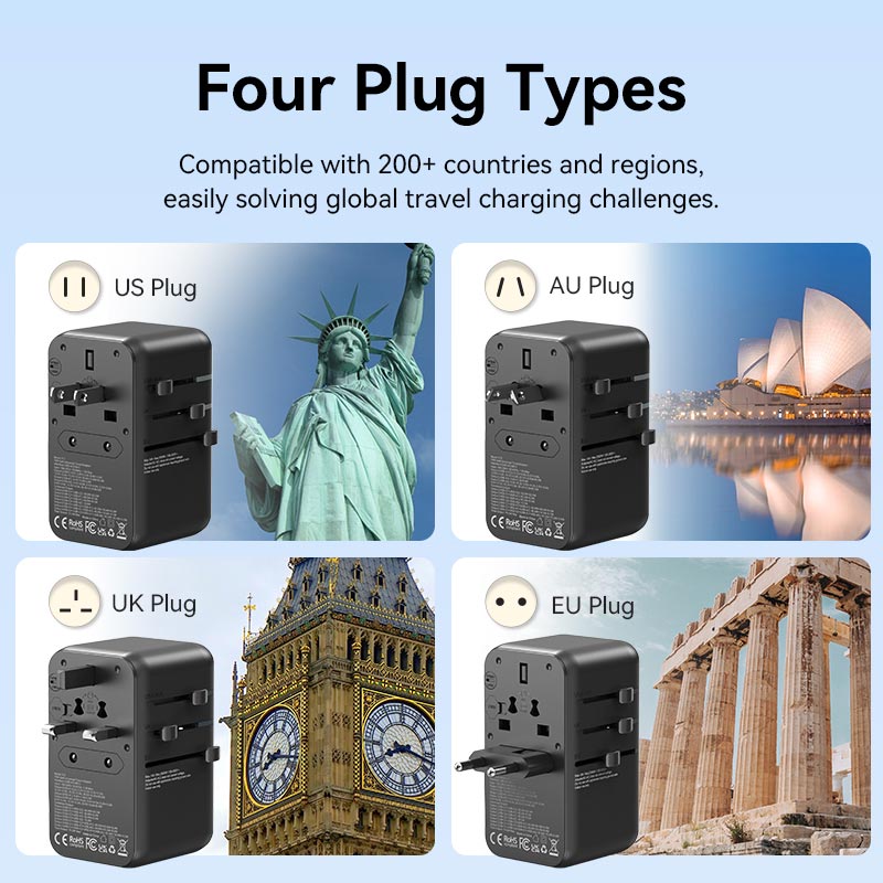 Vention 3-Port USB (C + A + A) GaN Universal Travel Adapter (65W/60W/5W) with Built-in USB-C Cable Black - Vention