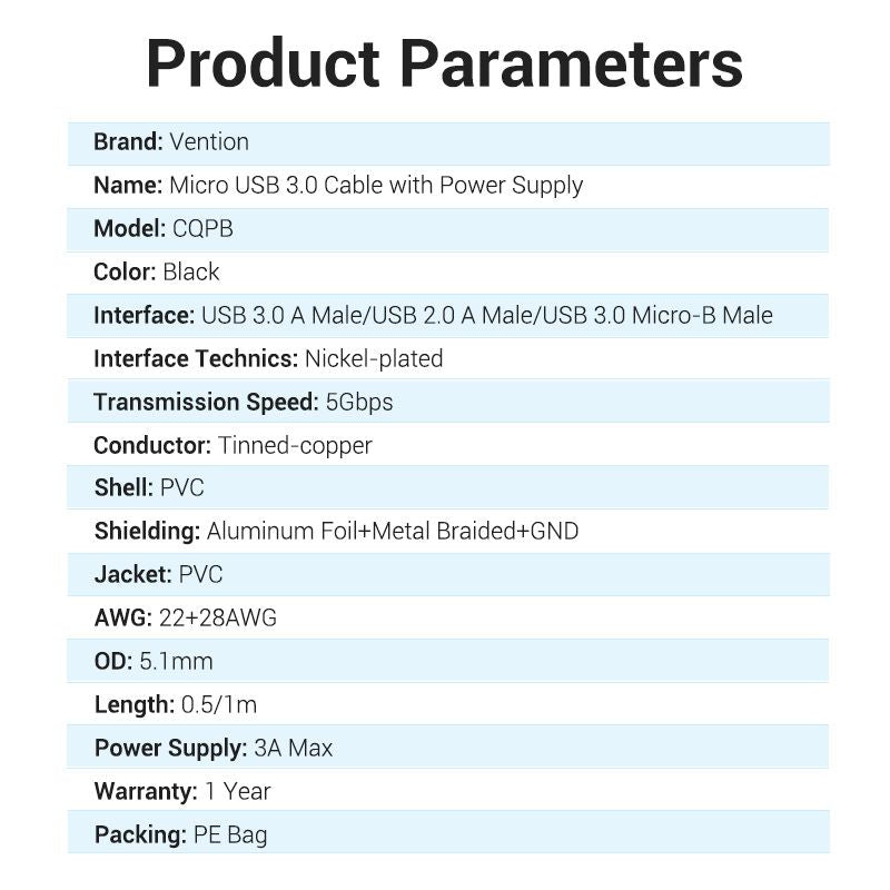USB 3.0 A Male to Micro-B Male Cable with USB Power Supply 0.5/1M Black PVC Type