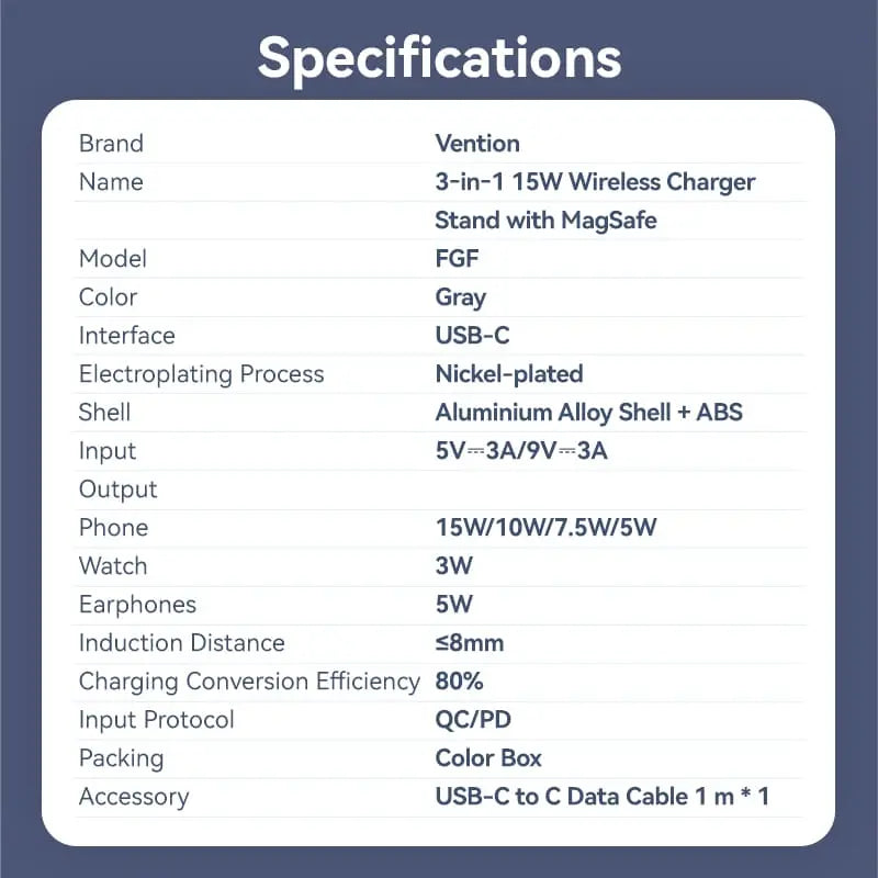 Vention 3‑in‑1 15W Wireless Charger Stand with MagSafe Gray - Vention