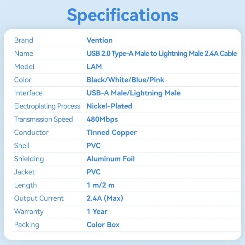 Vention USB 2.0 Type-A Male to Lightning Male 2.4A Cable PVC Type - Vention
