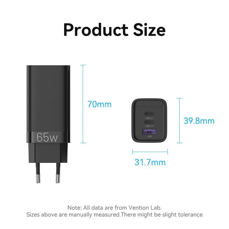 Vention 3-Port USB(C+C+A) GaN Charger(65W/30W/30W) EU-Plug - Vention
