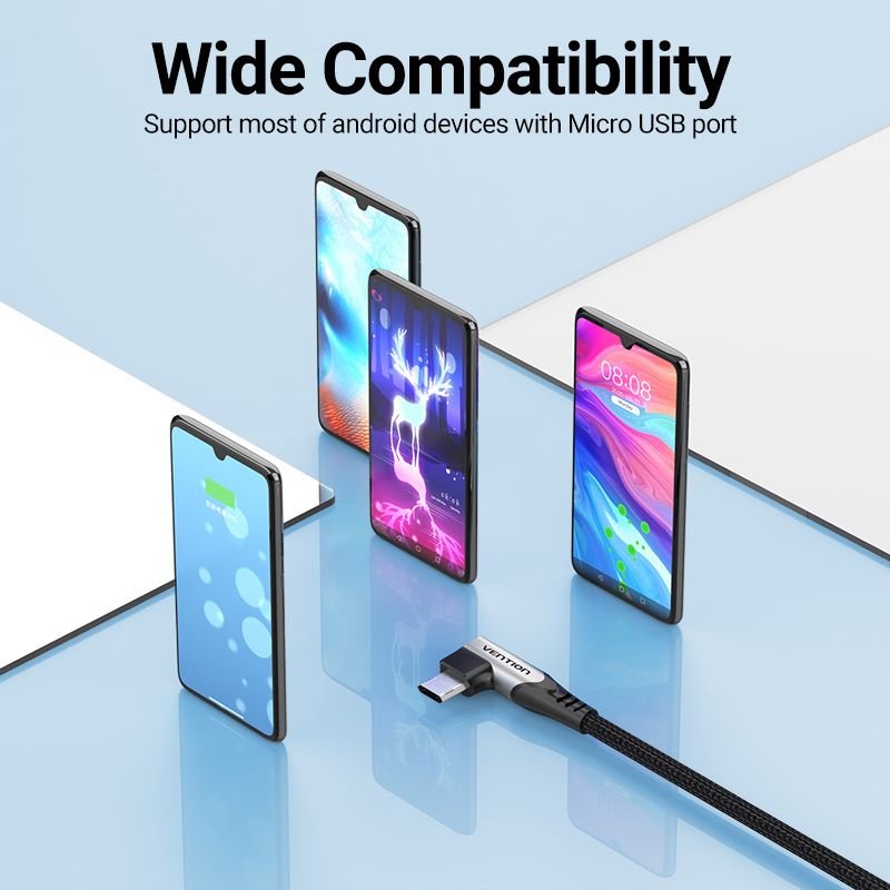 USB 2.0 A Male to Micro-B Male Right Angle 3A Cable 0.25/0.5/1/1.5/2/3M Gray Aluminum Alloy Type - Vention
