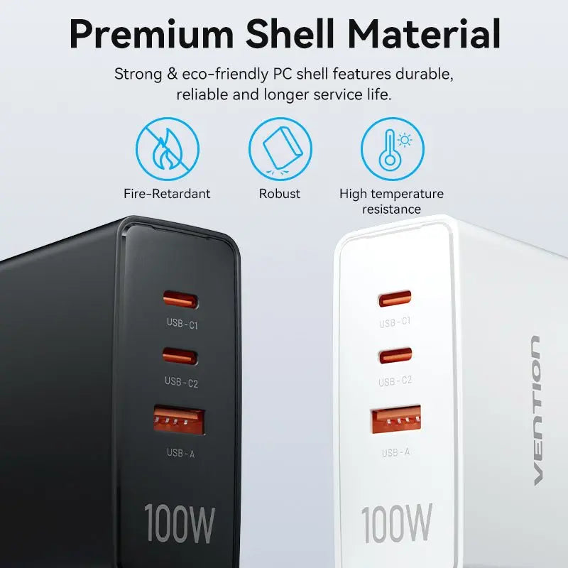 Vention 3-Port USB (C+C+A) GaN Charger (100W/100W/30W) EU-Plug - Vention
