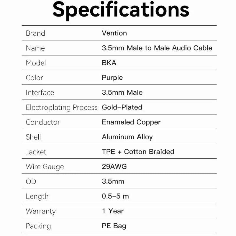 Vention Cotton Braided 3.5mm Male to Male Audio Cable 0.5/1/1.5/2/3/5M Purple Aluminum Alloy Type - Vention