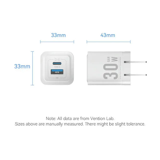 Vention 2-Port USB (C + A) GaN Charger (30W/30W) US Plug - Vention