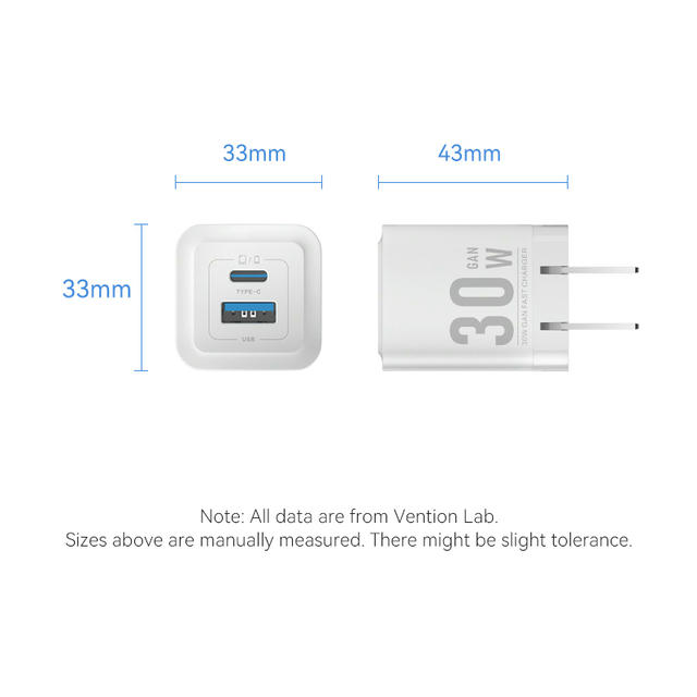 Vention 2-Port USB (C + A) GaN Charger (30W/30W) US Plug