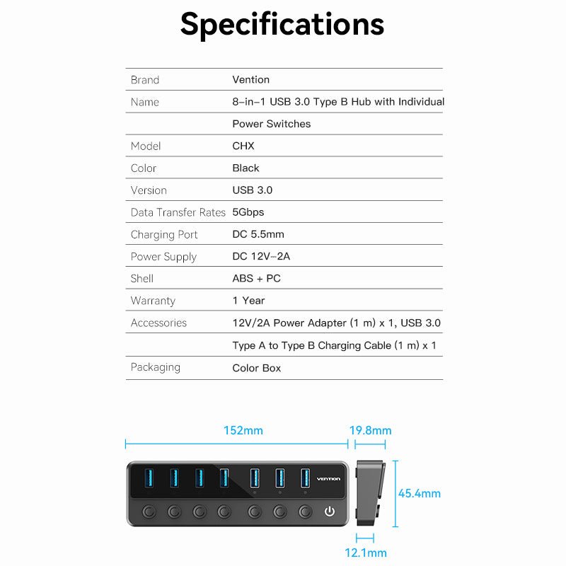 Vention 8-in-1 USB 3.0 Type-B Hub with Individual Power Switches - Vention