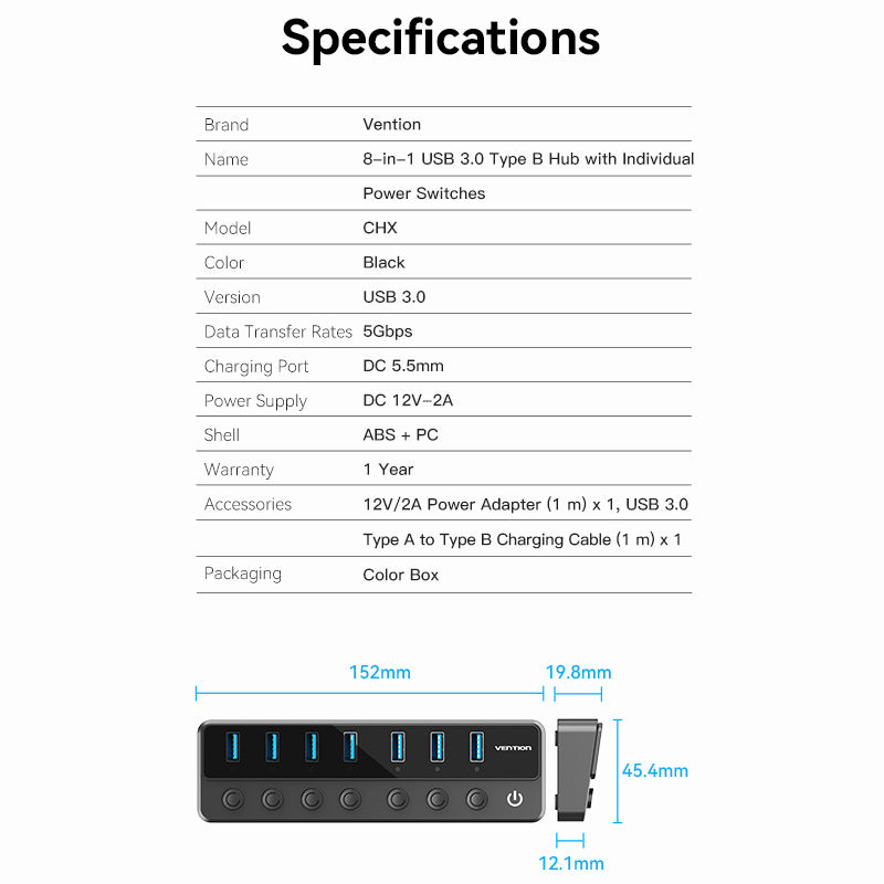 USB B 3.0 to USB 3.0 x7 Hub with Individual Power Switches and DC 5.5mm Power Adapter CN/UK/US/EU-Plug Black