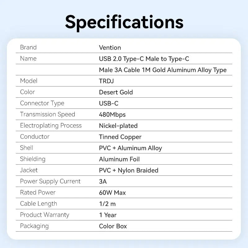 Vention USB 2.0 Type-C Male to Type-C Male 3A Cable Gold Aluminum Alloy Type - Vention