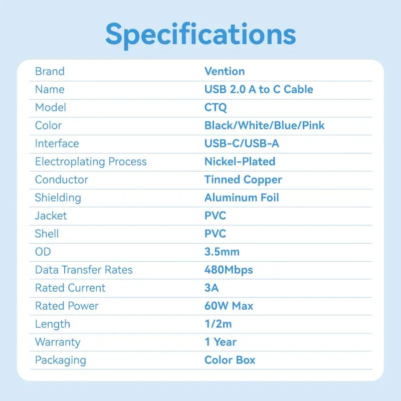 Vention USB 2.0 A Male to C Male 3A Cable PVC Type - Vention