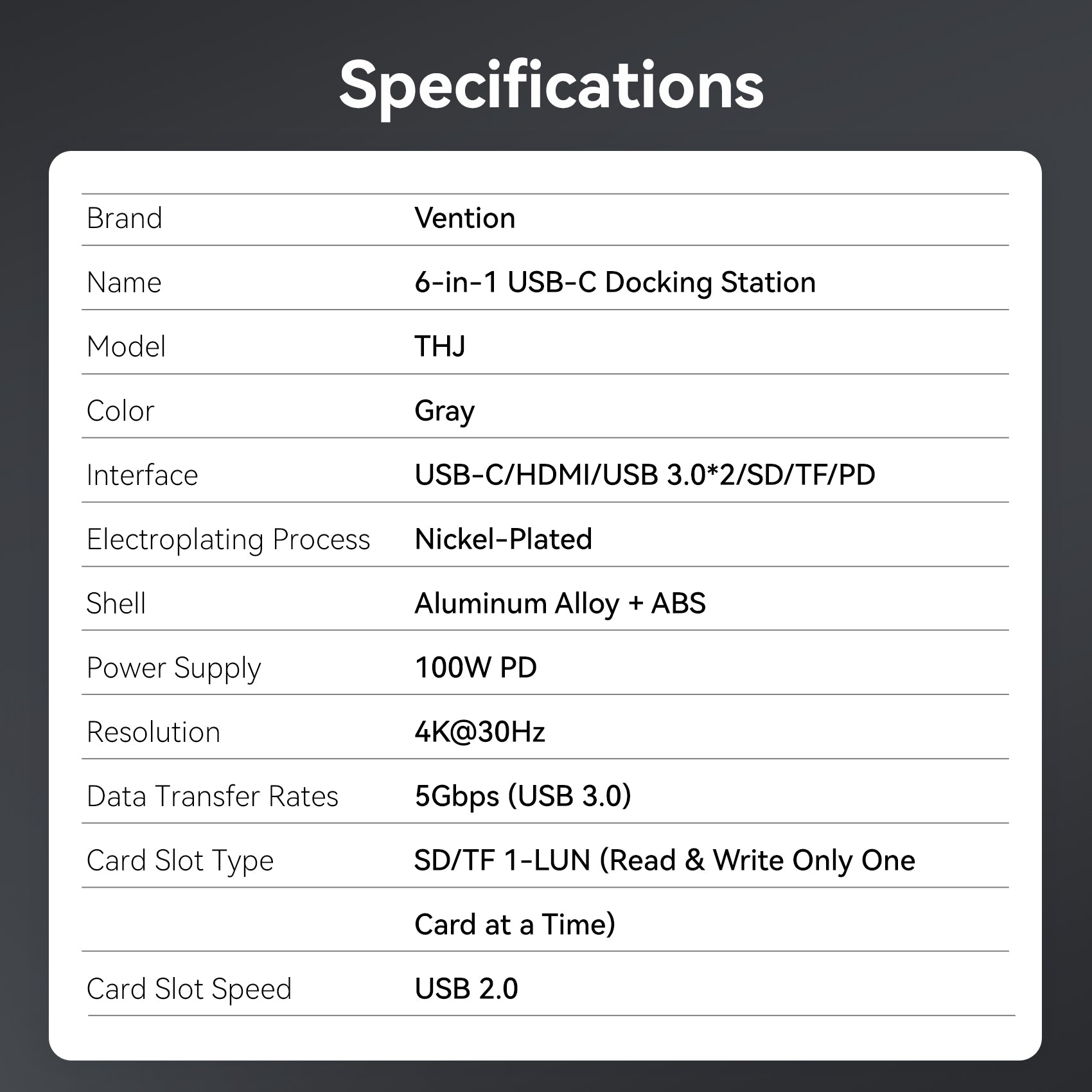 Vention 6'sı 1 arada USB-C Bağlantı İstasyonu