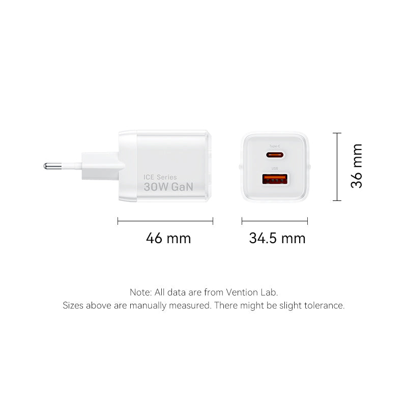 Vention 2-Port USB (C + A) GaN Charger (30W/30W) EU-Plug