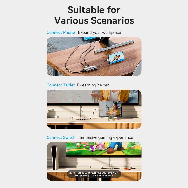 USB-C to HDMI/USB 3.0 x3/RJ45/PD Docking Station 0.15M Gray Aluminum Alloy Type