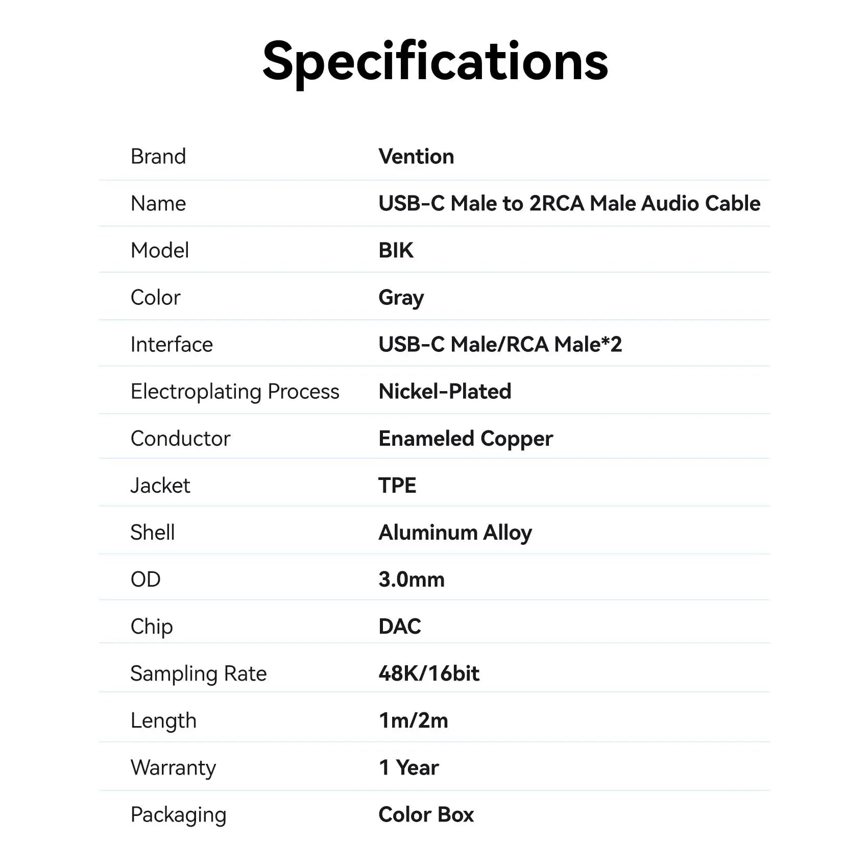 Vention USB-C Male to 2RCA Male Audio Cable - Vention