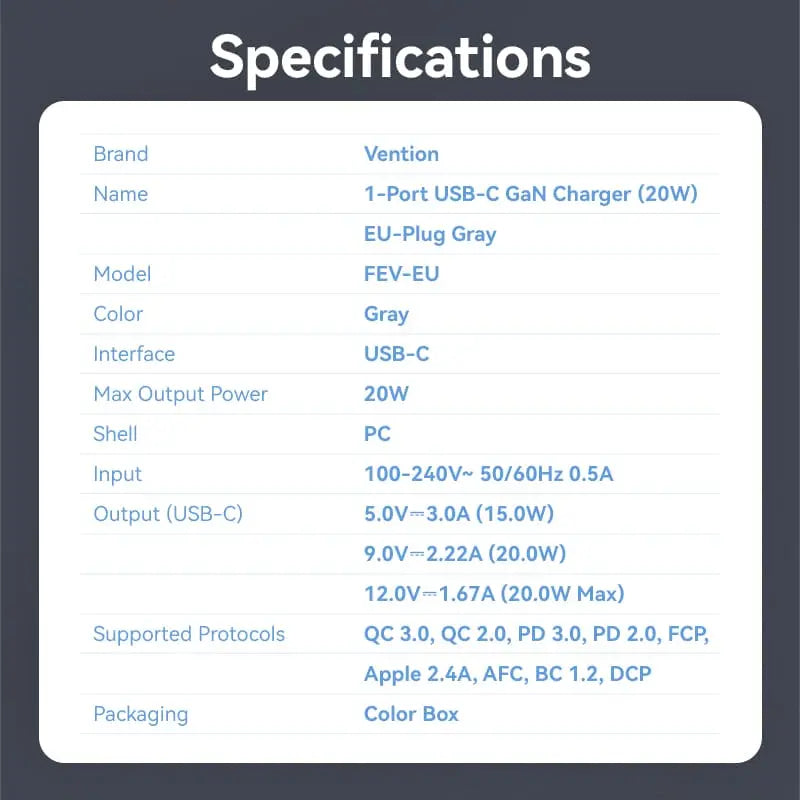 Vention 1-Port USB-C GaN Charger 20W EU-Plug - Vention