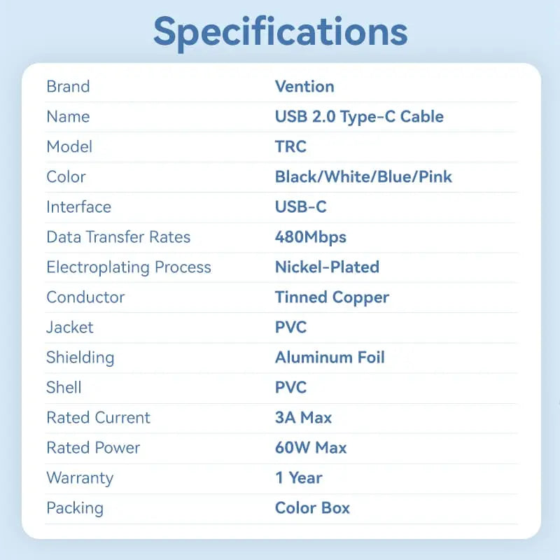 Vention USB 2.0 Type-C Male to Type-C Male 3A Cable PVC Type - Vention
