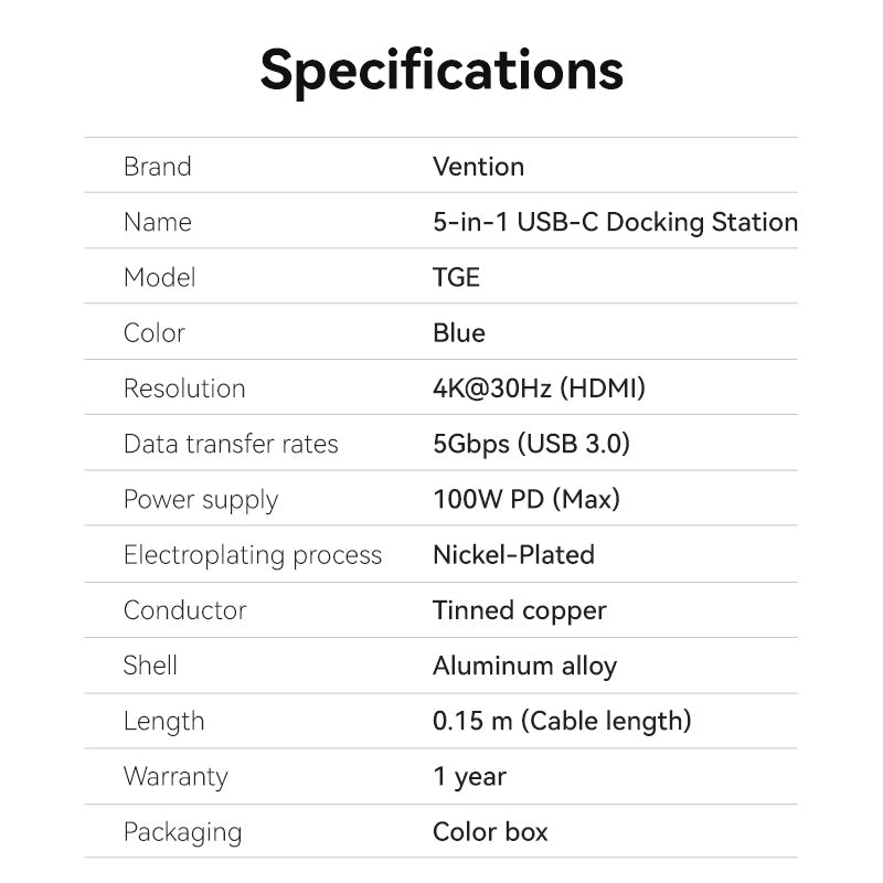 USB-C to HDMI/USB 3.0 x 3/PD Docking Station 0.15M Blue Aluminum Alloy Type