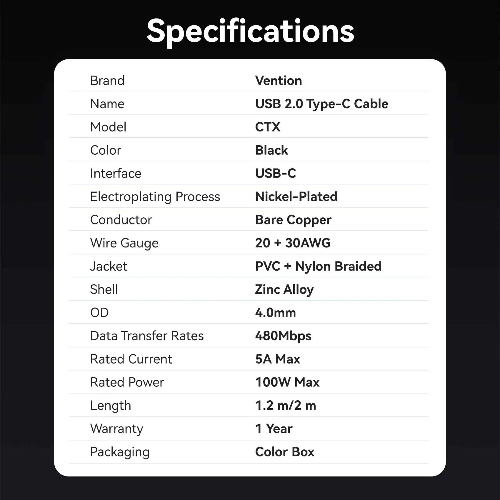 Vention USB 2.0 C Male to C Male 5A Cable - Vention