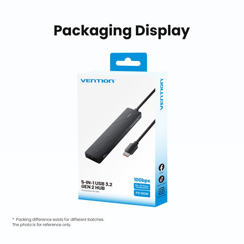 Vention USB-C to USB 3.2 Gen 2 Type-C*2 + USB 3.2 Gen 2 Type-A*2 + PD 10G Hub 0.15M Black - Vention