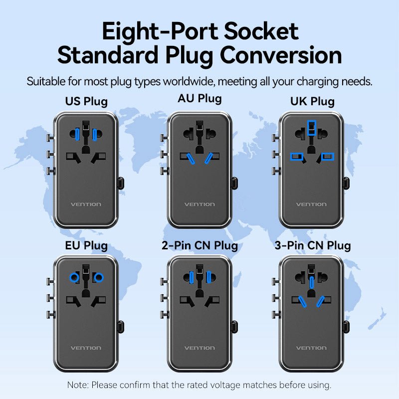Vention 3-Port USB (C + A + A) GaN Universal Travel Adapter (65W/60W/5W) with Built-in USB-C Cable Black - Vention