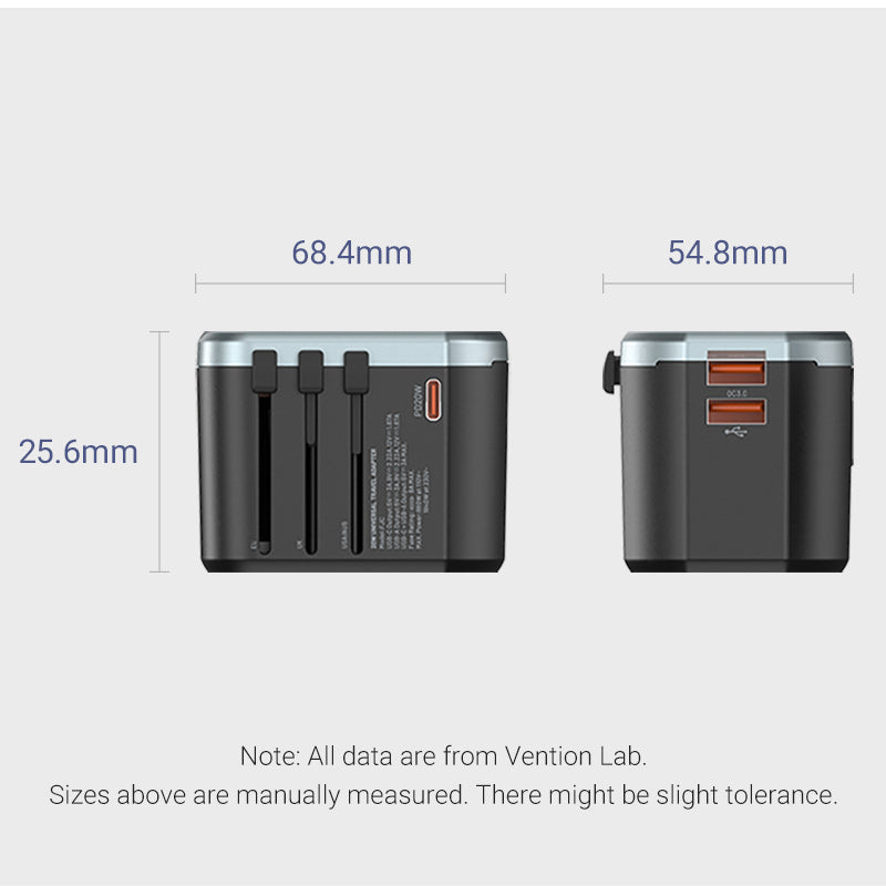 <tc>Vention</tc> 3端口USB(C+C+A)万能旅行适配器(20W/18W/18W)