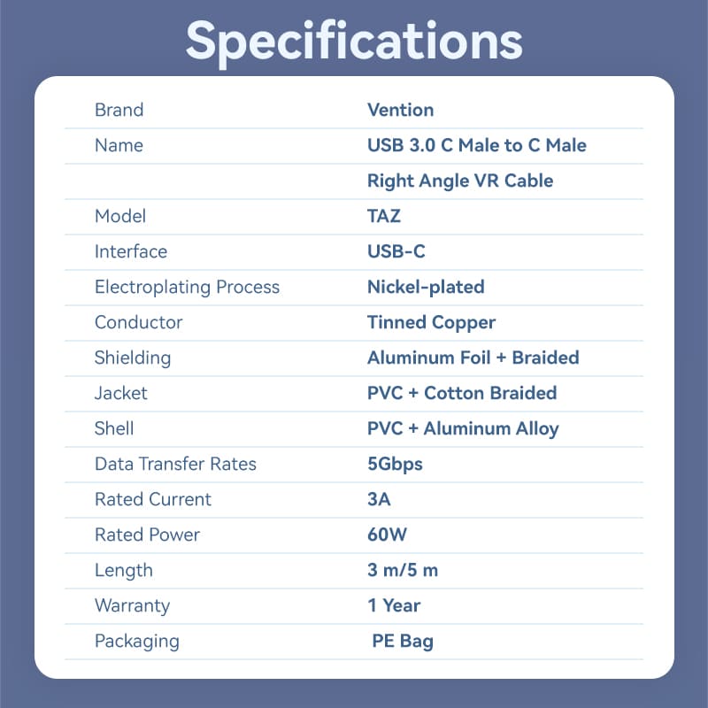 USB 3.0 C Male to C Male Right Angle VR Cable