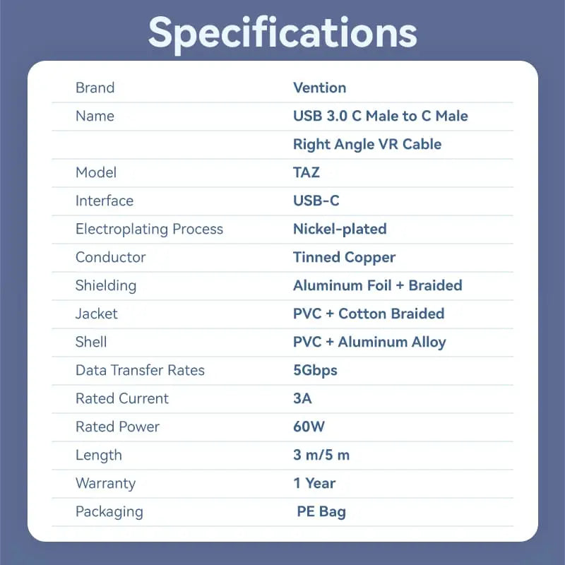Vention USB 3.0 C Male to C Male Right Angle VR Cable Aluminum Alloy Type - Vention