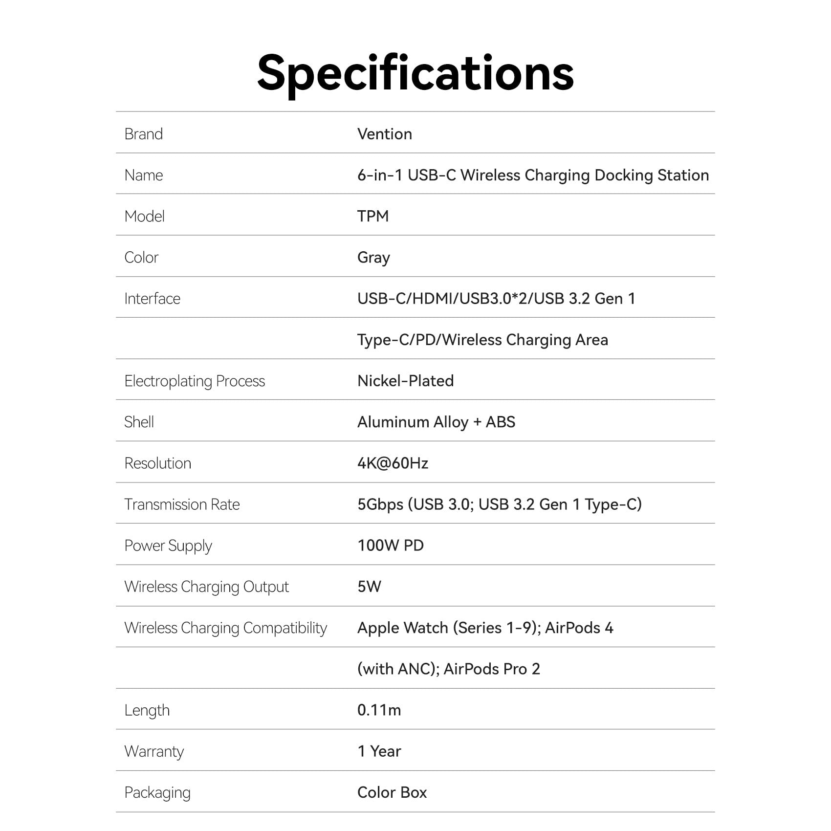 Vention 6'sı 1 arada USB-C Kablosuz Şarj Bağlantı İstasyonu