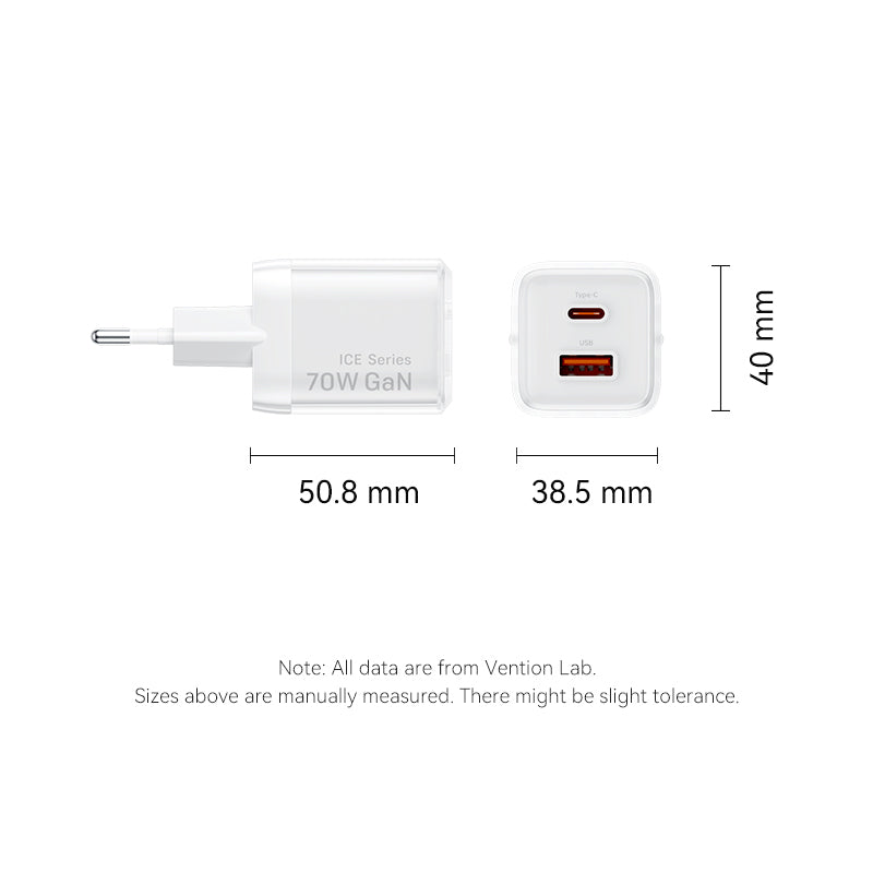 <tc>Vention</tc> Cargador GaN de 2 puertos USB (C + A) (70 W/22,5 W) Enchufe europeo Gris transparente