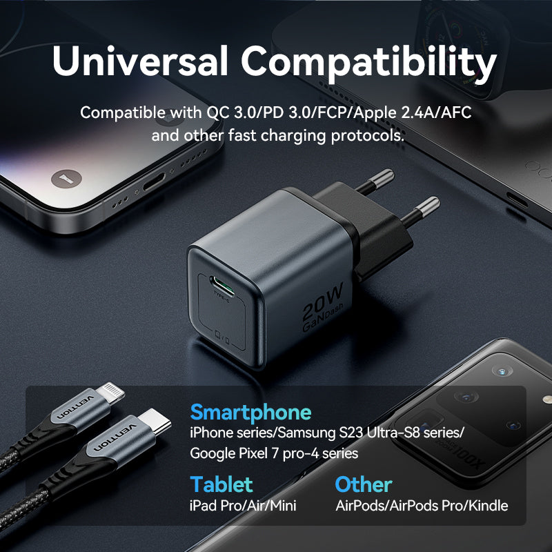 Vention 1 Portlu USB-C GaN Şarj Cihazı (20W) Gri, USB-C - Lightning Kablosu (1M) Siyah AB Fişi ile birlikte