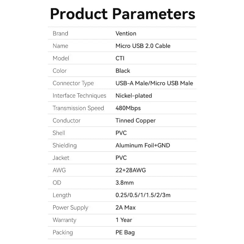 USB 2.0 A Male to Micro-B Male 2A Cable - Vention
