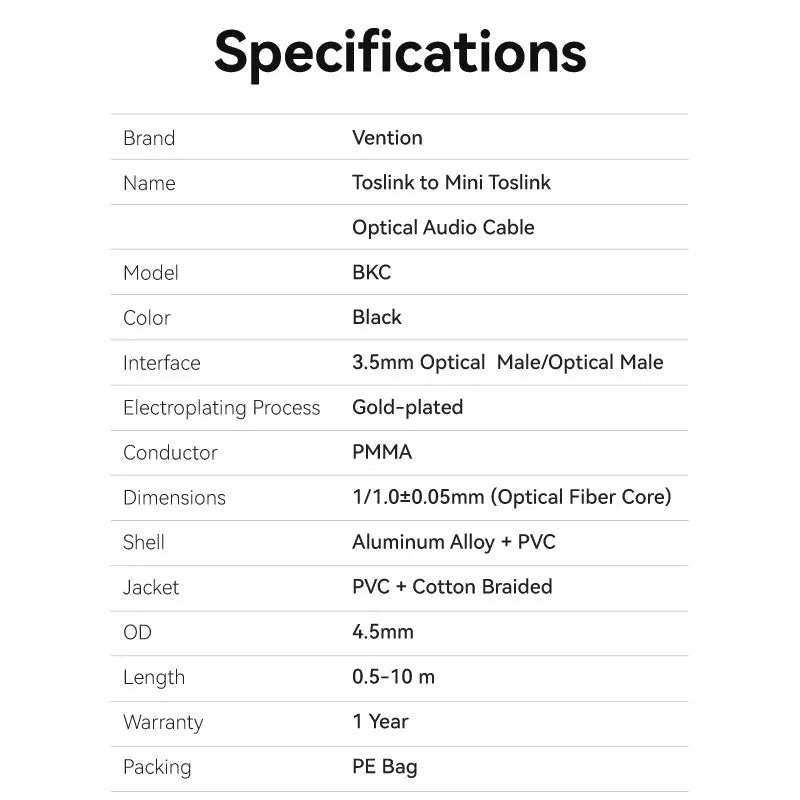 Vention Toslink to Mini Toslink Optical Audio Cable 0.5/1/1.5/2/3/5/10M Black Aluminum Alloy Type - Vention